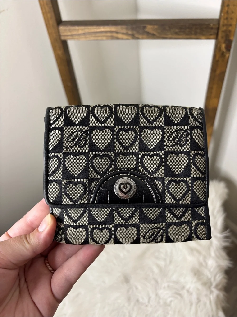 Brighton Signature Hearts Snap Wallet Leather Trim Black